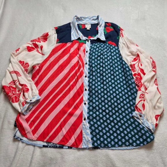Plus 2X Maeve x Anthropologie Paz contrast button down shirt blouse red blue - Picture 1 of 10